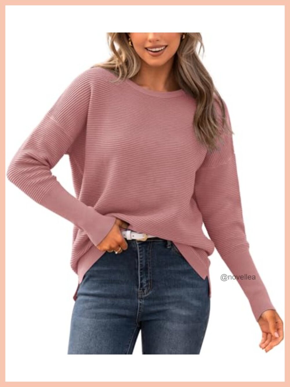 Ribbed Knit Batwing Sleeve Crew Neck Pullover Sweater Loose Fit Casual